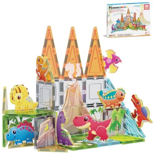 PicassoTiles Dinosaur Magnetic Tiles, STEM Building Blocks Toy Set Ages 3+ - color: Dinosaur