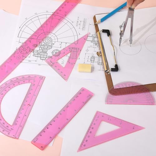 Zonon 7 Pcs Geometry Set with Drawing Compas, 6&4 Inch Protractors, Pink - color: Pink