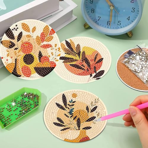 Diamond Art Coasters Kit,8 Pcs Abstract Plant Diamond Painting Coasters Kit - color: Abstract Plants