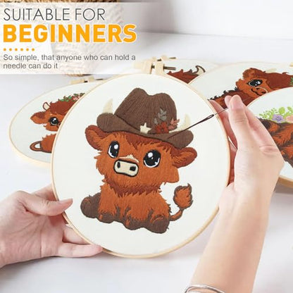 Kuabiz 5 Sets Highland Cow Embroidery Kits for Beginners Cross Stitch Kit for Adults Highland Cow Pattern Embroidery Starter Kit Embroiderys Hoop Needlepoint Kits with Instruction Needles Threads - style: Highland Cow