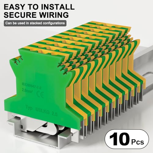 10Pcs USLKG2.5 Ground Circuit Connection Terminal Block, 2.5 mm²AWG - color: Green & Yellow, size: 10 Pcs