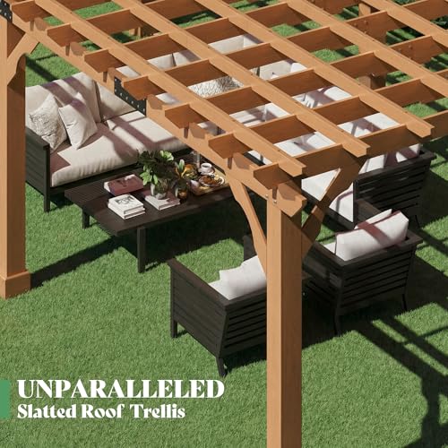 AMERLIFE 12x20 FT Outdoor Wooden Pergola, Large Solid Cedar Wood Gazebo Kit with Slatted Roof Design, Heavy-Duty Frame for Backyard, Patio & Garden, Red-Brown Finish - size: 12x20 FT