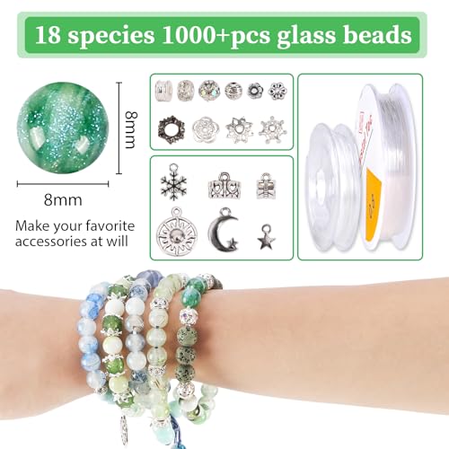 Tunmiok Glass Beads for Bracelets Making Kit, Jewelry Making Supplies with Charms, Crystal String, Spacer Beads, DIY Bracelet Necklace Craft Kit for Adults (Green) - color: Green