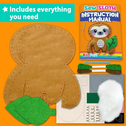 KRAFUN Beginner Sewing Kit, Sew Sloth & Leaf, Pre-Cut Felt, Kids Ages 5+ - color: Sloth