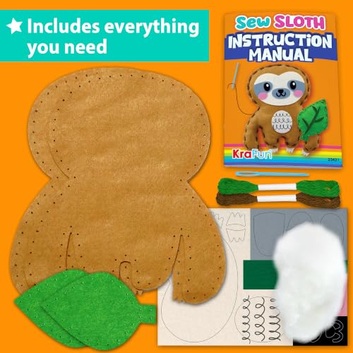 KRAFUN Beginner Sewing Kit, Sew Sloth & Leaf, Pre-Cut Felt, Kids Ages 5+ - color: Sloth