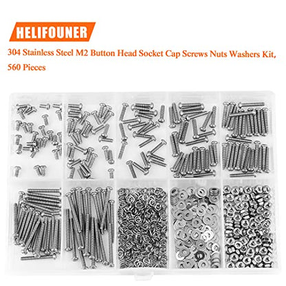 HELIFOUNER 560 Pieces M2 x 4mm /6mm /8mm /10mm /12mm /16mm /20mm, Button Head Socket Cap Screws Bolts Washers Nuts Kit, 304 Stainless Steel - size: M2, style: Button Head Socket Cap