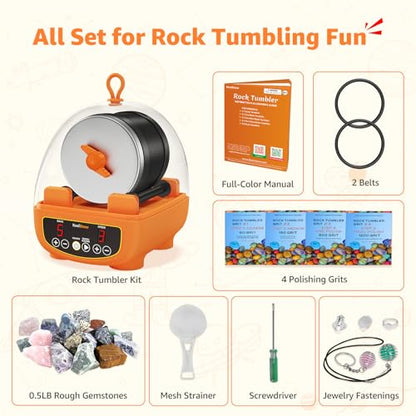 C5 Starter Rock Tumbler Kit for Kids & Beginners, Quieter Rock Polisher with Upgraded Noise-Reducing Cover, 3 Speeds, 9-Day Timer & Memory, Rocks, Grit & STEM Guide