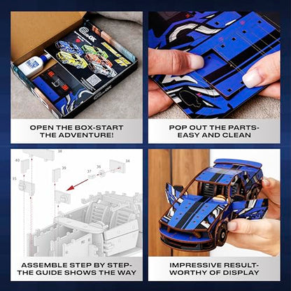 3D Wooden Puzzles – Blue Car Model Building Kits Adult - Adult DIY Building Sets – Gifts 3D Wooden Puzzles for Adults – 15+ Years Wood Building Kits - Creative Assembly for Adults - color: Blue
