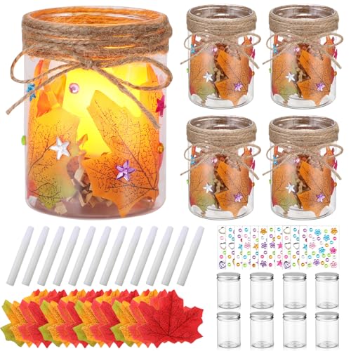 113 Pcs 24 Sets Thanksgiving Craft Kits DIY Plastic Mason Jar Maple Leaf Table Centerpieces Thanksgiving Fall Table Decor Autumn Classroom Activities with Stickers Rope Glue Raffia Grass - style: Maple Leaf