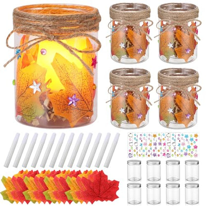 113 Pcs 24 Sets Thanksgiving Craft Kits DIY Plastic Mason Jar Maple Leaf Table Centerpieces Thanksgiving Fall Table Decor Autumn Classroom Activities with Stickers Rope Glue Raffia Grass - style: Maple Leaf