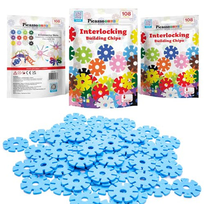 PicassoTiles Building Chip Interlocking Disc Construction Blocks in Light Blue Color STEM Learning Early Education Toy Engineering Playset Child Brain Development for Toddlers Child Kids Age 3+ PTF108 - color: Lblu