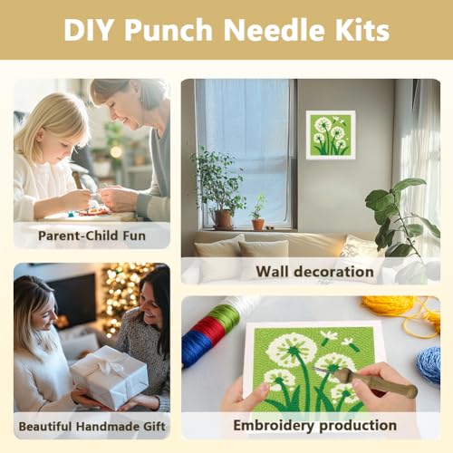 DOODLREAM Dandelion Flower DIY Punch Needle Embroidery Kit for Adult Beginner, 9.4" Green Grass Punch Stitching Craft Set for Starter with Frame, Fabric Pattern, Threader, Yarn, Pinch Needle - color: Dandelion