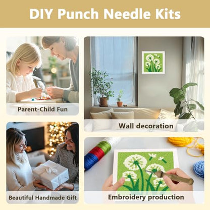 DOODLREAM Dandelion Flower DIY Punch Needle Embroidery Kit for Adult Beginner, 9.4" Green Grass Punch Stitching Craft Set for Starter with Frame, Fabric Pattern, Threader, Yarn, Pinch Needle - color: Dandelion