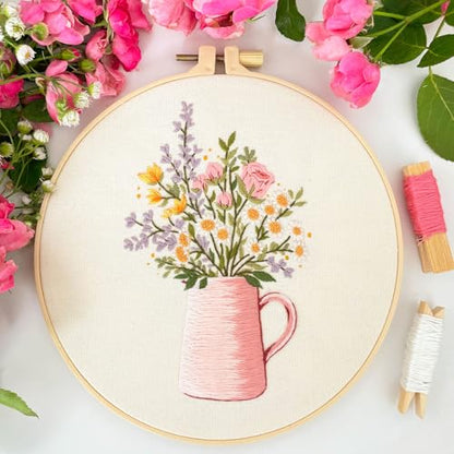 Myfelicity Embroidery kit,Floral Embroidery Art Kit, Set of 3, Decorative Pitcher Designs with Sunflowers and Wildflowers