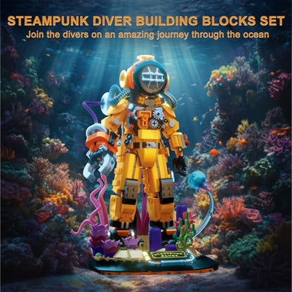 Steampunk Diver Building Set for Adults, Deep Sea Diving Explorer Model, Cool Diver Robot Collectible Display Model, Creative Building Toy Gifts (1287 Pieces