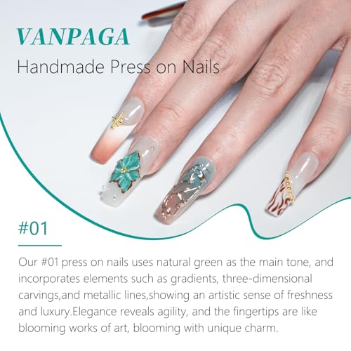 Handmade Square Coffin Press on Nails – Ocean Ombre Blue Bronze Nails with 3D Carved Flower & Gold Foil, Reusable Glossy Stick on Fake Nails, 10pcs Acrylic Nail Set with Tool Kit (Size M) - color: 01, size: Medium