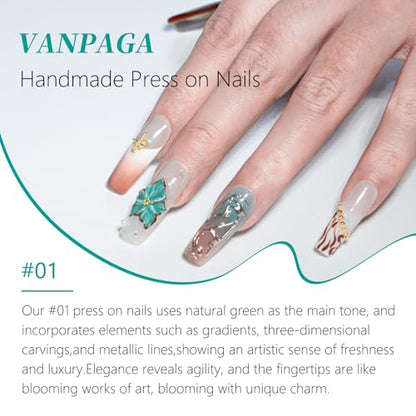 Handmade Square Coffin Press on Nails – Ocean Ombre Blue Bronze Nails with 3D Carved Flower & Gold Foil, Reusable Glossy Stick on Fake Nails, 10pcs Acrylic Nail Set with Tool Kit (Size M) - color: 01, size: Medium