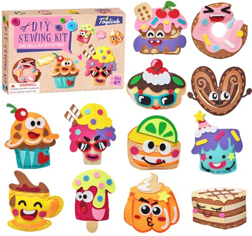 Toylink DIY Sewing Kit for Kids Ages 4-12, 12 Dessert Felt Craft Kit with Pre-Punched Holes, Blunt Plastic Needles, Cotton Stuffing - First Sewing Kit STEM Learning Toys for Girls Boys Birthday Gift - style: Dessert 2