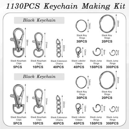 1130Pcs Keychain Making Kit, Jump Rings & Clasps Set, Black - color: Black
