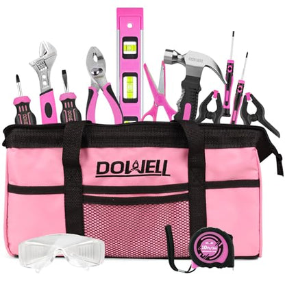 DOWELL 14 Pieces Kids Real Tools Pink Tool Set，Tool Kit with Storage Bag for Boys, Girls, Children DIY Building and Woodworking, Age 8+ - size: 14 Pcs-Pink