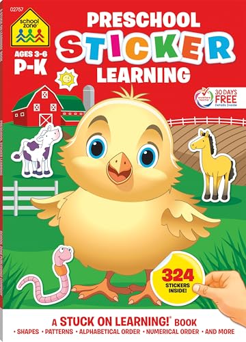 School Zone Preschool Sticker Learning Workbook: 64 Pages, Pre-K, Kindergarten, 324 Stickers, Shapes, Patterns, Alphabetical Order, ABC's, Numbers, Letters, Ages 3-5 (Stuck on Learning! Book Series)