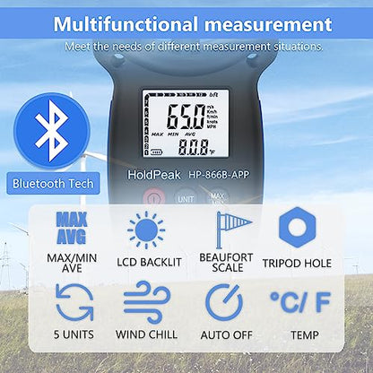 HoldPeak Handheld Anemometer Bluetooth, Digital Wind Speed Gauge Meter, Air Flow Velocity Temperature CFM Measuring Device for HVAC Outdoor Sailing Shooting Golf, 866B-APP - color: 866B-APP (1 PC)
