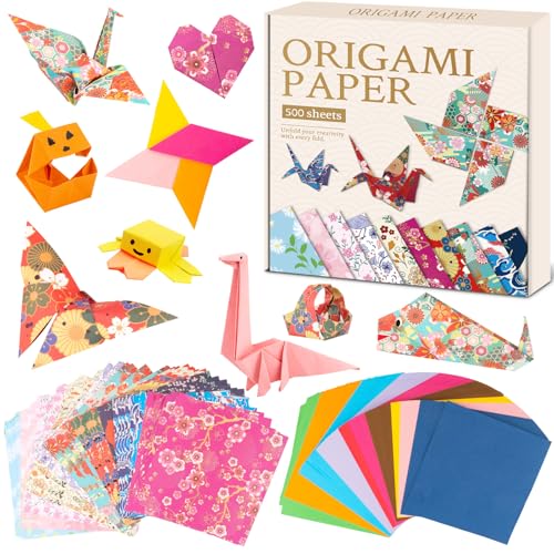 Origami Paper Kit, 500 Sheets Japanese Style Double Sided Color Origami Set - style: Japanese style+Solid color