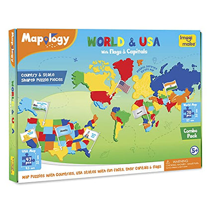 Imagimake Mapology USA & World Map Puzzle, Learn Countries, Flags, Capitals - style: USA & World Map