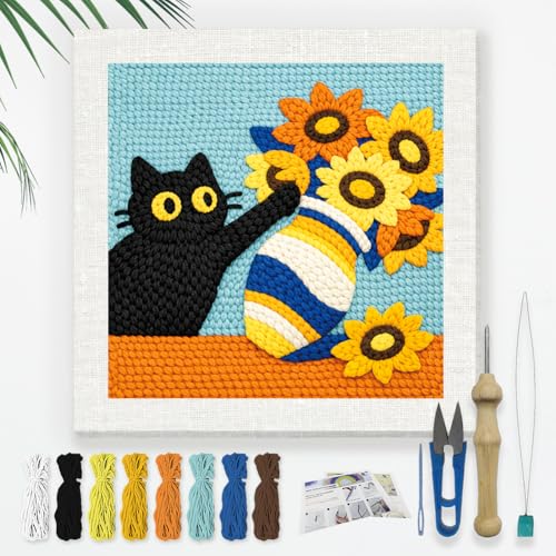 Doodlream Black Cat Sunflower Needle Kit for Beginner, 9.4"x 9.4" Cute Animal Flower Punch Stitching Craft Set, DIY Embroidery Starter with Printed Frame, Instruction, Threader, Yarn, Pinch Needle - color: Cat Sunflower