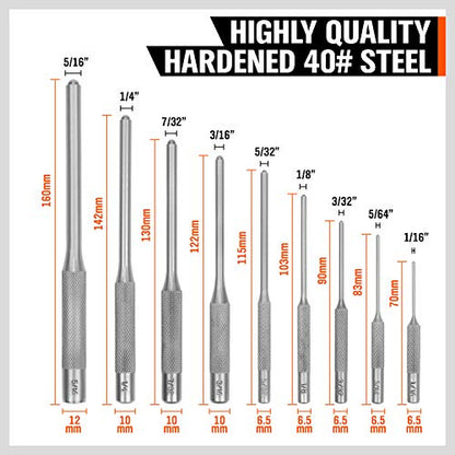 9-Piece Roll Pin Punch Set - Fast Pin Removal - Durable Steel & Construction - For Automotive, Firearm Maintenance, Watch, Jewelry & Craft Repair - Knurled Grip - Versatile Sizes