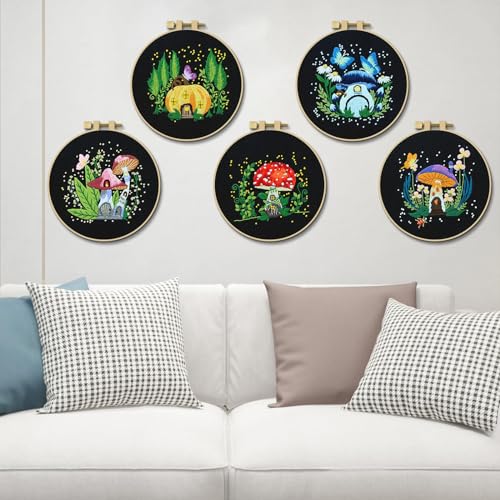 ERKOON 5 Sets Embroidery Kit for Beginners Adult Mushroom Cross Stitch - color: Black-Mushrooms