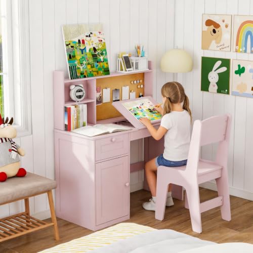 FTZxHKLX Kids Study Desk and Chair Set with 0-105° Tiltable Desktop, Pink - color: Pink, size: with Lift Up Hinge