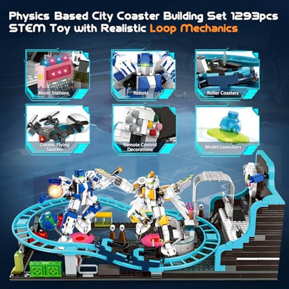 Robot Space Roller Coaster Building Toy for Kids,1293 Pieces Roller Coaster Amusement Park Block Building Set, Interactive Space Station Construction Kit Birthday Gift for Boys & Girls (Age 6+)