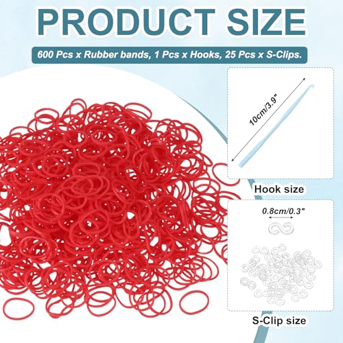 MECCANIXITY 600 Pcs Loom Rubber Bands Kit with 25 Pcs S-Clips 1-Hook Rubber Bands Refill Bracelet Making Kits for Weaving DIY Handcrafts Gift, Red - color: Red