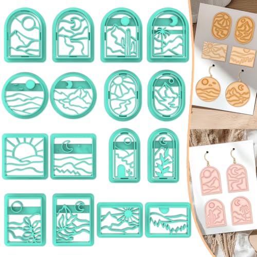 ACRNIGHEET Boho Clay Cutters - 16 Shapes Sun and Moon, Landscape Polymer Clay Cutters for Jewelry, Earring Making Kit With Storage Box - style: Sun and Moon Scenery theme (16 pcs)