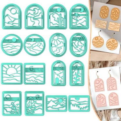 ACRNIGHEET Boho Clay Cutters - 16 Shapes Sun and Moon, Landscape Polymer Clay Cutters for Jewelry, Earring Making Kit With Storage Box - style: Sun and Moon Scenery theme (16 pcs)
