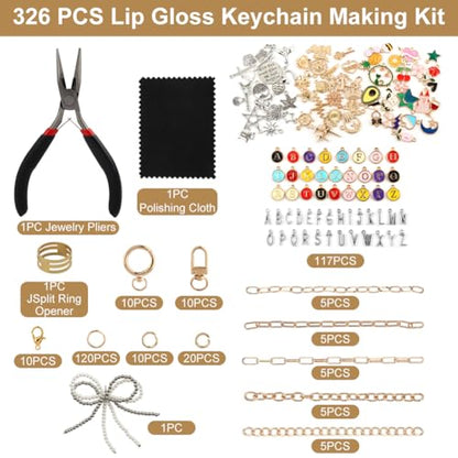 Olnverath 325Pcs Lip Gloss Keychain Making Kit with Charms, Including Keychain Clips Extender Chain Charms Jewelry Plier, Jewelry Making Kit for Custom Keychains and DIY Crafting(Alloy)