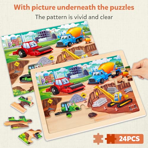 SYNARRY Large Wooden Construction Vehicle Puzzles for Kids Ages 4-6 - style: Construction Vehicle