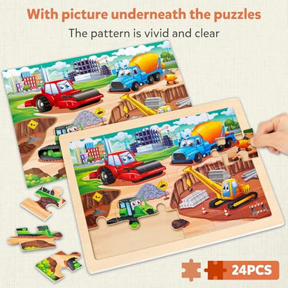 SYNARRY Large Wooden Construction Vehicle Puzzles for Kids Ages 4-6 - style: Construction Vehicle