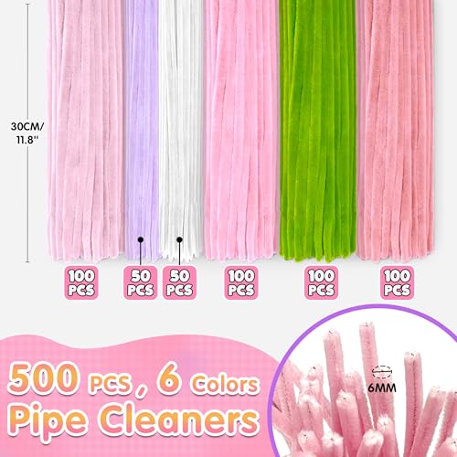 LINAYE 500 PCS Pipe Cleaners Craft, 6 Colors Pipe Cleaners Flowers Kit, Chenille Stems for Crafts with Instruction Wrapping Paper, Flower Stamens, Stems Art and Craft Supplies Pink (12inch x 6mm) - color: Pink