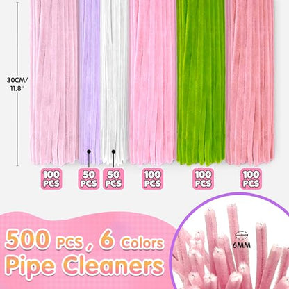 LINAYE 500 PCS Pipe Cleaners Craft, 6 Colors Pipe Cleaners Flowers Kit, Chenille Stems for Crafts with Instruction Wrapping Paper, Flower Stamens, Stems Art and Craft Supplies Pink (12inch x 6mm) - color: Pink