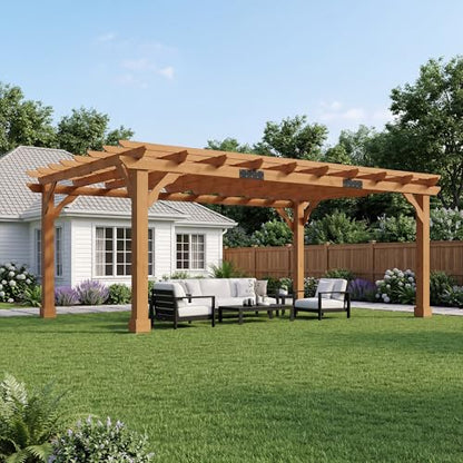 AMERLIFE 12x16 FT Outdoor Wooden Pergola, Large Solid Cedar Wood Pergola Kit with Slatted Roof Design, Heavy-Duty Frame for Backyard, Patio & Garden, Red-Brown Finish - size: 12x16 FT
