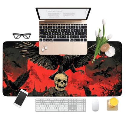 Red Moon Raven Extended Gaming Mouse Pad 35.4 x 15.7 Inch, Gothic Crow Large Desk Mat, Dark Fantasy Mouse Pad with Non Slip Rubber Base for Gaming Setup and Office - color: 51, size: 35.4"x 15.7"