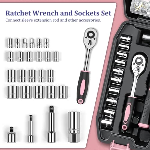 Sundpey 281 Pcs Home Tool Kit Portable Complete General Hand Tool Set Pink - color: Pink