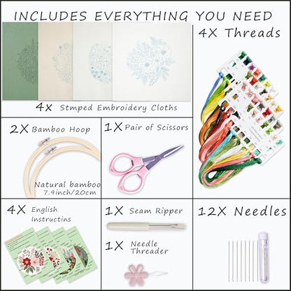 Bonroy Embroidery Kit for Beginners with Instructions,Cross Stitch Kits for Adults with Pattern,Needlepoint Kits for Adult Include Embroidery Cloth Hoops Needles Threads (flowers5) - color: flowers5