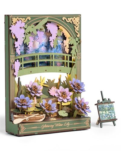 rowood Water Lily 3D Puzzle Building Set with LED,DIY Monet Wall Art Craft Kits for Adults,Home Decor Botanical Collection Gift on Christmas - style: Glittering Water Lily