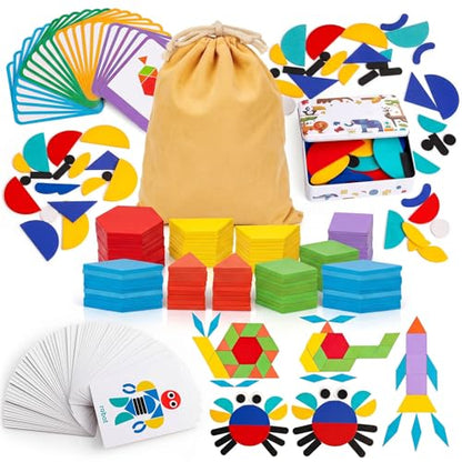 LovesTown 245 PCS Wooden Pattern Blocks Bundle, Geometric Shape Puzzles with Activity Cards for Kids, Montessori Educational Tangram Set with Storage Bag and Tin Box for Preschool Learning