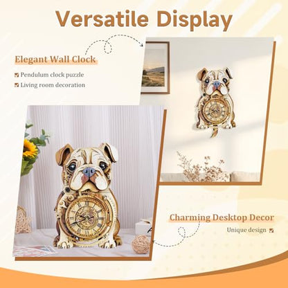 Kosmickiss 3D Puzzles for Adults, Wooden Bulldog Wall Clock Model Kits - color: Bulldog