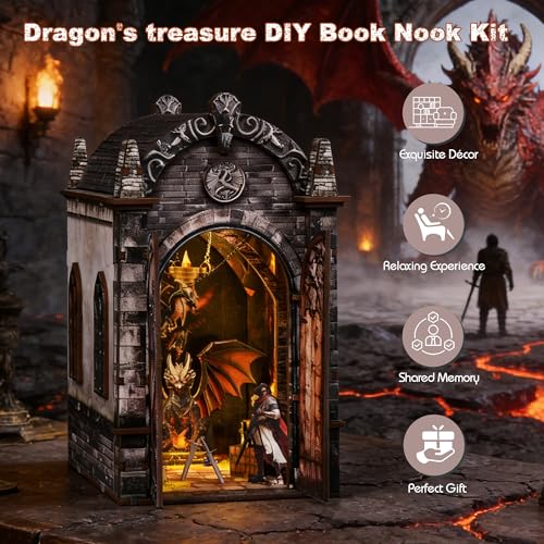 DIY Book Nook, Miniature House Kit with LED Lights - Dragon Castle