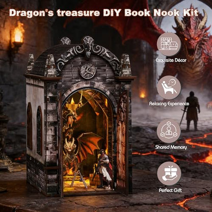 DIY Book Nook, Miniature House Kit with LED Lights - Dragon Castle
